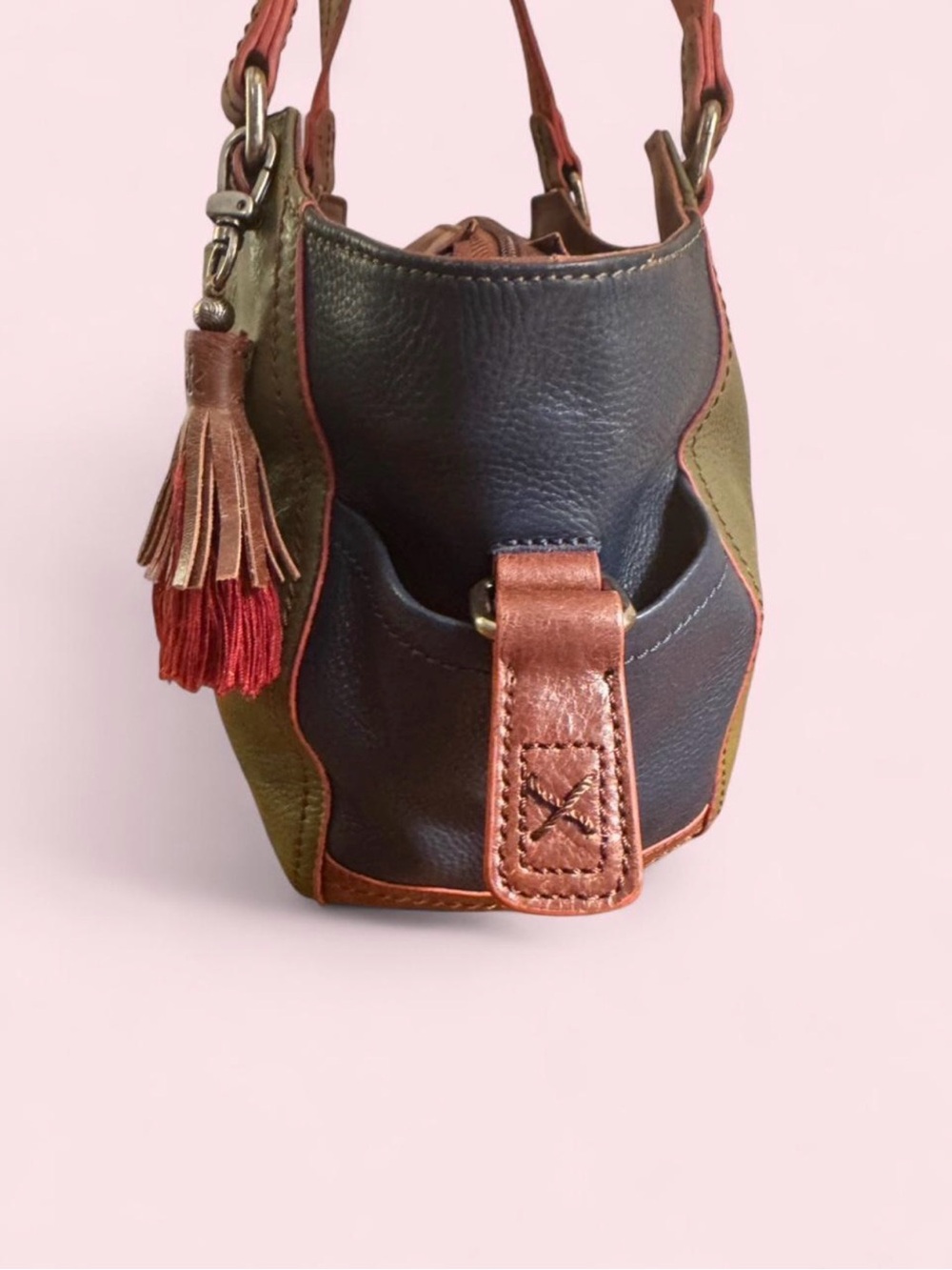 The Sak Colorblock Leather Tote in Green, Deep Navy & Cognac Brown w/Tassel - Picture 7 of 8
